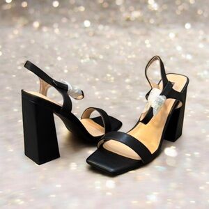 IDIFU Chunky Block High Heel Sandals - Square Open Toe - Black